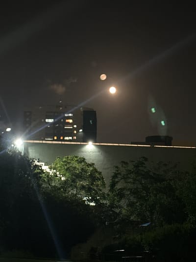 The image depicts a nighttime scene in Haifa, Israel, featuring a building with illuminated windows, trees, and the moon. The photograph is taken at night, as indicated by the darkness and the presence of artificial lights and the moon. The building appears to be several stories high, with lights on in many of its windows, suggesting it is residential or an office building. The trees in the foreground are dark and leafy, with some branches illuminated by artificial lights. The moon is visible in the sky, appearing as a bright, circular object, possibly a full or near-full moon. There are also light flares or lens flares present in the image, creating bright streaks of light. The overall mood is somewhat mysterious and serene, with the interplay of light and shadow creating a dramatic effect. No visible text is present in the image. The scene is likely set in an urban or suburban area, given the presence of a building and streetlights, combined with natural elements like trees and the moon.