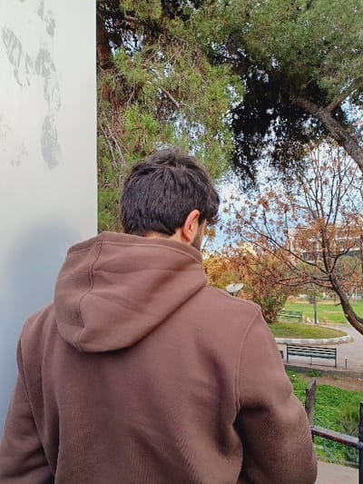 The image displays a male subject from the rear, wearing a brown hooded sweatshirt. His dark hair is visible at the nape of his neck and around his ears. He stands to the right of a light-colored wall, which exhibits vertical smudges or marks. The subject overlooks a public park located in Al-Muhajerin Municipality, Syria. The park's canopy includes dense green coniferous trees on the left and center-top, alongside deciduous trees with sparse, light brown foliage, indicative of a seasonal transition. A white circular satellite dish is partially visible in the mid-ground, obscured by tree branches. The park terrain below features green grassy areas, paved pathways, and at least two green slatted park benches situated on paved sections. Small white birds are observable on the grass near a bench. Faint outlines of distant buildings are discernible through the trees in the background. A dark metal railing forms a partial barrier in the lower right foreground, suggesting an elevated viewpoint. The scene is illuminated by natural daylight.