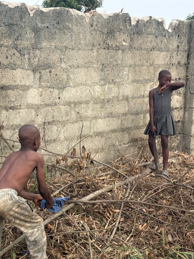 The image captures two young individuals in an outdoor setting within Ihiagwa, Nigeria, against a backdrop of a weathered concrete block wall with an uneven top edge. The ground is covered with a dense layer of dry branches, fallen leaves, and sparse green vegetation.
In the left foreground, a shirtless individual, appearing male, is positioned from the back, bending forward. This individual wears camouflage-patterned trousers and is engaged in handling a cluster of dry branches, holding a blue fabric item in their hands.
To the right, a second individual, appearing female, stands upright, wearing a dark grey sleeveless dress with a pleated skirt and light-colored sandals. Her right hand is raised, touching the area near her nose and mouth. She holds a long stick vertically in her left hand, with the lower end resting on the ground.