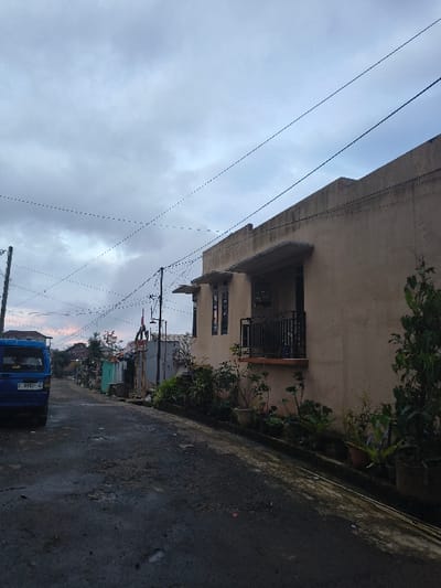 A narrow street is lined with a beige building on the right, decorated with plants and a small balcony. Power lines crisscross the cloudy sky. A small blue vehicle sits at the bottom of the frame on the street, seemingly parked. The asphalt is dark and slightly wet, reflecting the subdued light. The scene feels like a residential area on a cloudy day.