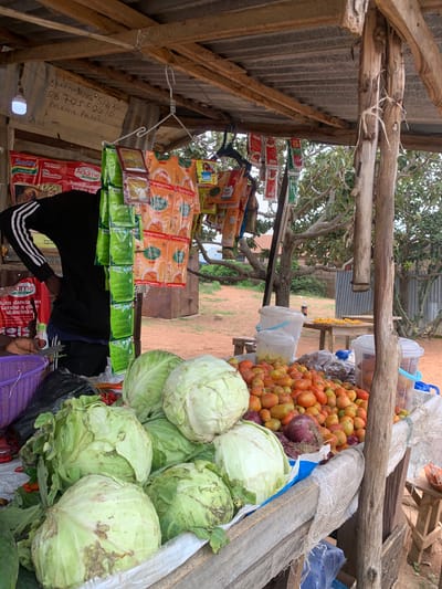 The image depicts an outdoor market stall, likely in Gwafan, Nigeria, with a vendor standing behind a display of fresh produce. The stall is covered by a corrugated metal roof supported by wooden beams and poles. Hanging from the roof are various packets of spices and seasonings. In the foreground, large heads of cabbage and a pile of tomatoes are neatly arranged on a wooden surface. Behind the produce, several clear plastic buckets containing more items are visible. The ground is sandy and reddish-brown, typical of the Nigerian landscape. In the background, trees and a simple building are present, suggesting a rural or semi-urban setting. The overall scene captures the daily commerce of a local market.