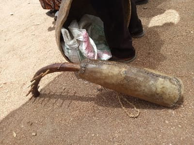 The image shows a long, curved, wooden object with a leather sheath lying on the ground. The object is in a loose, sandy, red dirt area. There are multiple wooden sticks, possibly used for decoration or functional purposes, attached along the length of the object. There is a chain lying next to the object. The object is likely a traditional musical instrument. The image appears to have been taken in a rural area. The location is in the city of Zum, Nigeria, with coordinates 10.116 latitude and 13.046 longitude. The scene does not include any people.