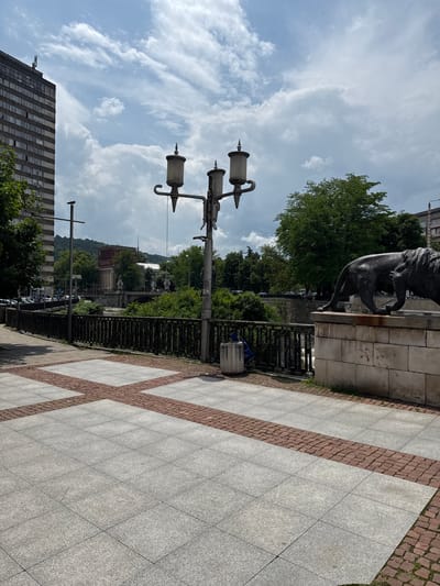 This image captures an urban outdoor scene in Gabrovo, Bulgaria, specifically depicting the area adjacent to the Vasil Levski Bridge, also known as the Lion's Bridge.

In the foreground, the ground is paved with light grey square tiles, interrupted by intersecting strips of reddish-brown cobblestone or brickwork. To the right, a cylindrical concrete waste bin is situated next to a dark metal railing. A collapsed blue object, resembling a shopping trolley, rests against the railing near the bin.

The midground features a prominent, multi-branched street light pole with three upward-curving arms, each holding a capped lamp fixture. To the right of the street light, a large, dark-colored statue of a lion stands on a rectangular stone pedestal, facing left towards the viewer's left. The lion's posture suggests a slow walk. Below the railing and the lion's pedestal, a body of water, likely a river, flows from right to left, with visible movement on its surface. Beyond the river and railing, a dense band of green trees and bushes obscures a further view of the riverbanks. Through gaps in the foliage, segments of a multi-arched stone bridge are discernible in the distance. A road with several parked cars is visible on the far side of the bridge and river.

In the background, a tall, multi-story building constructed of concrete with numerous rectangular windows dominates the left side of the frame. Antennas are affixed to its rooftop. Further in the distance, behind the trees and bridge, forested hills rise against the horizon. The sky above is partially cloudy, displaying a mix of white cumulus clouds and broader grey cloud formations, with patches of clear blue sky visible between them. No individuals are depicted in the scene.