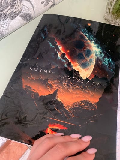 The image shows a glossy print of a "Cosmic Landscape" with a planet, nebula, and rocky terrain. The print is placed on a white surface, possibly a table, with a portion of a decorative patterned fabric visible on the left. A person's hand with light pink nail polish is touching the right side of the print. The print is creased in several places, indicating it might be a poster or part of a book. The scene depicted on the print is a dark, star-filled sky with a large, orange and blue planet on the left, partially obscured by glowing clouds. To the right, a fiery, mountainous landscape with a deep chasm is shown, also illuminated by an orange glow. White text vertically reads "COSMIC LANDSCAPE" along the right side of the planet. The lighting suggests an artificial light source due to the glare on the glossy surface, and the scene itself is an artistic depiction of outer space. There are no specific details to suggest time of day, weather, or location within Hrodna, Belarus, as the image focuses on the artwork and the hand. The emotion conveyed by the artwork is awe and wonder, typical of space-themed imagery.