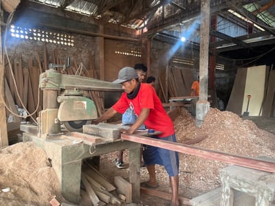 This image captures a scene within a woodworking workshop located in Tegallalang, Indonesia. In the foreground, a man wearing a red t-shirt and blue shorts operates a woodworking machine. He is focused on cutting a wooden plank. Another man, partially visible, stands behind him. The workshop environment is characterized by piles of sawdust, stacks of wooden planks, and a rustic, open-roofed structure with exposed beams and corrugated metal roofing. Natural light streams in from openings in the wall, creating shafts of illumination. The scene depicts a typical day of manual labor in a local woodcrafting business.