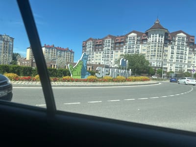 The image shows a street view in Zelenogradsk, Russia. In the foreground, a car's interior is visible, with a dark dashboard and window frames partially obscuring the scene. The middle ground features a roundabout with a decorative display of two cartoon cats and large white letters spelling out "ЗЕЛЕНОГРАДСК" (Zelenogradsk). Behind the roundabout, there are well-maintained flower beds with red flowers and yellow-green bushes. Several multi-story residential buildings with modern architecture and red-tiled roofs line the background. The sky is clear and blue. Several cars are visible on the road, including a black car with a license plate that reads "CB 39. RUS".