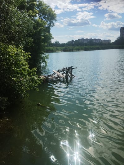 The image depicts a serene natural scene beside a body of water, with a small, dilapidated wooden structure partially submerged. This structure appears to be made of rough-hewn logs and planks, leaning precariously into the water. The water itself is a vibrant turquoise, reflecting the sky and sunlight, creating a shimmering, rippled surface with bright sun glints. On the far bank of the water, a line of trees and some multi-story buildings are visible, suggesting an urban or semi-urban setting. The foreground is dominated by lush green foliage, including dense bushes and trees, creating a sense of natural abundance. The sky is a bright blue, dotted with fluffy white clouds, indicative of a clear and pleasant day. The lighting suggests it is daytime, likely midday or early afternoon, with the sun casting strong reflections. The overall mood is tranquil and picturesque, evoking a sense of peace and quiet. No people are visible in the frame, and there is no discernible text. The scene is likely set in Sumy, Ukraine, given the provided location context.