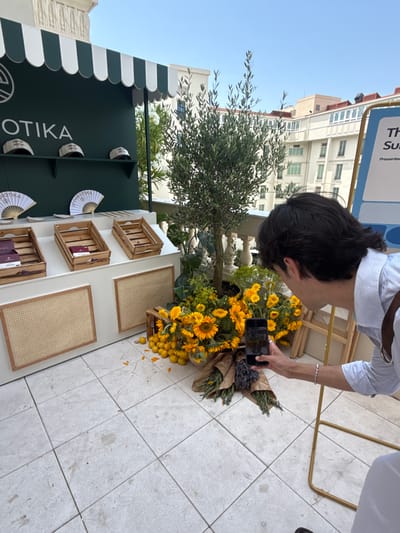 This is a vertically oriented, close-up shot of a person taking a photograph of a display of flowers. The person, seen from the shoulders up, has dark, wavy hair and is wearing a light blue and white striped shirt with a brown leather strap over their shoulder. They are holding a smartphone in their right hand, using it to capture an image of the floral arrangement.

The display features a large bouquet of bright yellow sunflowers, interspersed with smaller yellow fruits, possibly lemons. Beside the sunflowers are two bouquets of dried lavender or similar herbs, wrapped in brown paper. The flowers are placed on a tiled floor that appears to be made of light grey stone.

In the background, to the left, is a dark green display structure with a white scalloped awning. The structure has shelves holding decorative fans and what appear to be small books or boxes. The text "OTIKA" is prominently displayed vertically on the dark green surface, along with a circular logo. Further in the background, a multi-story building with white balconies and red-tiled roofs is visible against a clear blue sky, suggesting it is daytime and the weather is fair. A small olive tree with green leaves stands to the left of the flower display, adding to the outdoor ambiance. The overall scene suggests an outdoor market, exhibition, or a decorative setup in a public space, possibly in Cannes, France, given the architectural style of the building and the presence of what looks like a promotional display. The activity is focused on capturing the beauty of the floral arrangement through photography.