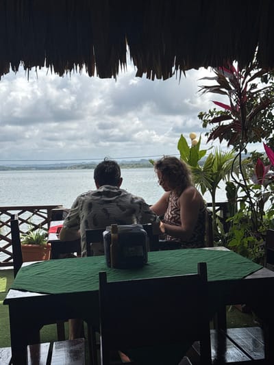 A couple sits at a table near a body of water. The woman wears a printed brown and white dress and leans forward. The man, with dark hair, wears a patterned white shirt. A green tablecloth covers the table, and a black box sits on its surface. The scene is framed by a thatched roof on the left and lush green plants above and to the right. The sky is overcast, with water stretching to the horizon.