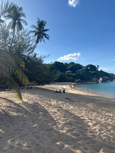 The image depicts a sandy beach in Baan Chaweng Noi, Thailand, under a clear blue sky with scattered white clouds. Lush green trees and palm trees line the shore, with several modern villas or resort buildings nestled on a hillside overlooking the ocean. The turquoise water laps gently onto the sand. Several people are visible on the beach, some are seated or lying on towels, while others are in the shallow water. There are also some beach chairs and umbrellas under the trees. The sand is marked with footprints and shadows cast by the palm fronds. The overall scene is one of a tranquil tropical beach resort.