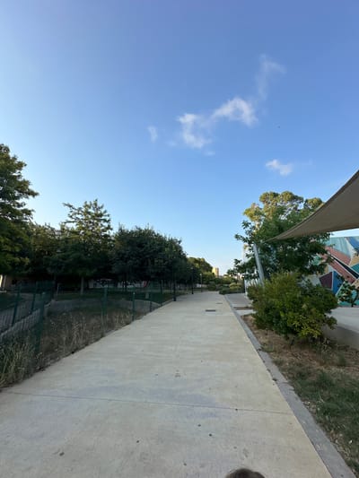 The image captures a paved walkway in a park-like setting under a clear blue sky with scattered clouds. The walkway is made of concrete and appears to be a path for pedestrians. On the left side of the walkway, there is a green fence separating it from a dry, grassy area with some weeds. Beyond the fence, several trees are visible, with dense foliage. On the right side of the walkway, there are more trees and bushes. Further to the right, a large, abstract mural is painted on a wall, partially covered by a beige awning. In the background, a few buildings can be seen in the distance. There are no people clearly visible in the frame, though a hint of someone's head is visible in the lower right corner. The overall environment suggests an urban park or a recreational area in Valencia, Spain.