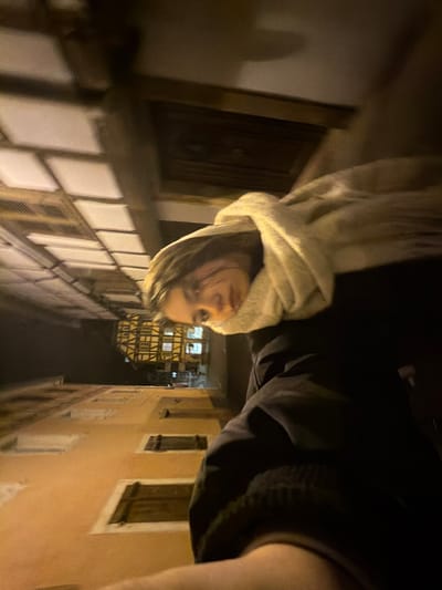 A woman wearing a scarf is captured in a blurry, rotated photograph against a backdrop of a narrow street at night. The architecture features half-timbered buildings with visible window details and closed shutters. The lighting is dim, creating a nighttime atmosphere. The overall impression is of a candid snapshot taken during a nighttime walk.