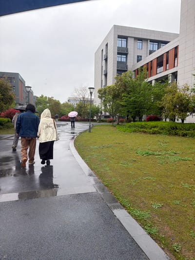 The image depicts a wet paved walkway in an urban environment, likely after or during rainfall. Two individuals walk along the walkway in the foreground. The first person wears a blue denim jacket and brown pants. The second person is wearing a white hooded sweatshirt and a black skirt. Further in the distance, a third person walks under a pink umbrella. A building is located on the left side of the image. The walkway is lined by a grassy area with trees and bushes. Another building is located behind the trees. The location is Jiangning District, China.