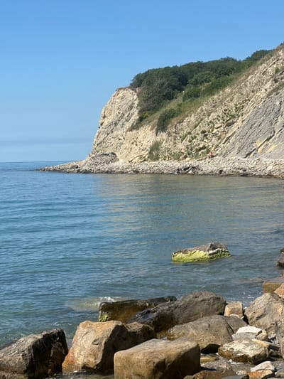 The image shows a view of the Black Sea coast near Novorossiysk, Russia. The foreground is dominated by large, weathered rocks lining the shore, with some partially submerged in the clear blue water. In the middle ground, the sea stretches out to the horizon under a bright blue sky. A large, moss-covered rock is visible in the water. The background features a steep, rocky cliff face covered in sparse vegetation and trees at the top. A person is visible walking on a path along the base of the cliff. The scene depicts a natural coastal landscape on a sunny day.