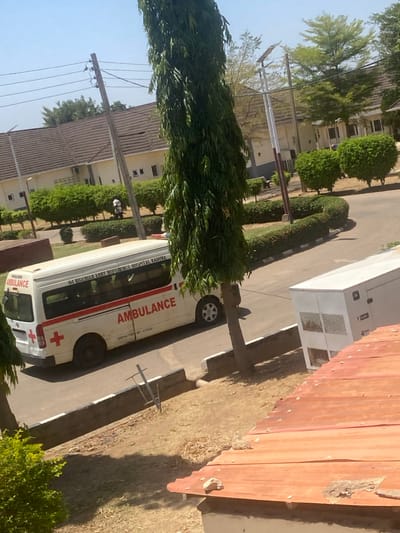 An overhead, slightly angled photograph captures an outdoor scene at the 44 Nigerian Army Reference Hospital in Kaduna, located within Tudun Nupawa, Nigeria, under a clear sky. A white van-style ambulance, featuring a red horizontal stripe, a red cross symbol, and the text "44 NIGERIAN ARMY REFERENCE HOSPITAL KADUNA" in green and "AMBULANCE" in red, is situated on an asphalt road. The road is bordered by a white curb, beyond which lies a dry, light brown grassy area interspersed with manicured green bushes. Multiple low-rise, light-colored buildings with brown tiled roofs are visible in the background, set amidst a landscape of scattered trees. A tall, slender green tree stands prominently in the midground. To the right, a white rectangular generator or utility box with vents is partially obscured by a reddish-brown corrugated metal roof, suggesting the image was captured from an elevated position. Utility poles and overhead power lines are visible against the sky in the upper background. No individuals are distinctly visible performing actions within the frame.