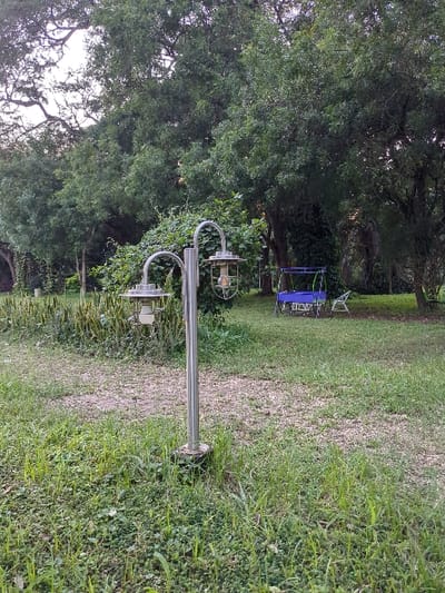 The image shows a metal lamppost with two lights, standing on a grassy path in a park. The path is dirt and grass. The lamppost is in front of a dense grove of trees. In the distance, a blue metal frame structure can be seen. The coordinates (-6.834, 37.671) locate this scene in Morogoro, Tanzania.