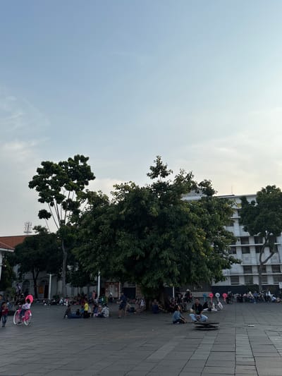 The image depicts a wide, paved public square in Kota Tua, West Jakarta, Indonesia, on a clear day with a pale blue sky. Several large, mature trees with dense green foliage are scattered across the square, providing shade. In the background, a multi-story white building with numerous windows and a repetitive architectural style dominates the scene.
Numerous people are spread throughout the square, many of whom are seated on the ground in small groups, appearing to be relaxing or socializing. Some individuals are standing, and a child is visible riding a pink bicycle with a pink balloon. There are also several colorful fans placed on the ground in one area. The paved surface of the square is made of dark grey square tiles. The overall atmosphere suggests a casual gathering or a leisurely afternoon in an urban public space.