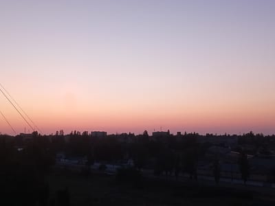 The image captures a silhouetted cityscape at dusk or dawn. The sky transitions from a pale lavender at the top to a soft pinkish-orange towards the horizon. In the foreground, dark silhouettes of trees and buildings dominate the lower portion of the frame. In the middle ground, a line of trees with distinct, tall, narrow shapes creates a dark, dense band. Behind the trees, the outlines of buildings, some appearing to be multi-story structures and industrial buildings, are visible against the lighter sky. A few faint antennae or small structures can be seen on top of some of the buildings. The overall impression is one of a quiet urban or semi-urban environment during twilight.