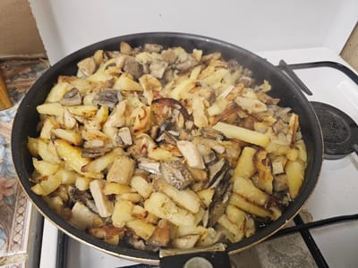 A top-down, medium shot captures a black frying pan filled with pan-fried potatoes and mushrooms. The pan is situated on a white stovetop, to the right of a stovetop burner. The potatoes, cut into irregular, bite-sized pieces, are golden brown and appear to be seasoned with herbs. Mixed in with the potatoes are slices of mushrooms, some appearing dark brown and others lighter. The food is slightly steaming, indicating it is hot and freshly cooked. The background shows a tiled backsplash to the left, featuring a floral pattern, and a portion of the stovetop’s edge to the right. The image appears to be taken indoors, likely in a kitchen. There is no indication of any specific location in the city of Gaivinskoe Lesnichestvo, Russia, nor any people present in the scene.