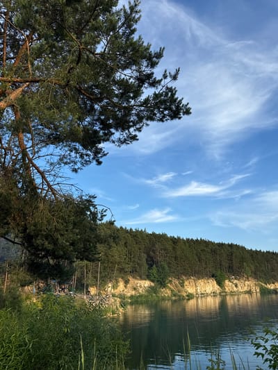 The image depicts a serene natural landscape on the shore of the Pilica River, likely in the vicinity of Sulejów, Poland. In the foreground, lush green vegetation lines the water's edge. The river itself is calm, reflecting the sky and the surrounding trees. A steep, sandy cliff face is visible on the far bank, topped by a dense forest of pine trees. Several individuals are gathered on the cliff, appearing to be engaged in recreational activities near a campsite. The sky is a clear blue with wispy white clouds, suggesting a pleasant day.