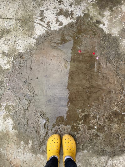 A pair of bright yellow Croc shoes are positioned at the bottom of the frame, standing on a wet, uneven concrete surface. The concrete is a mix of light gray and darker, muddy patches, with visible pebbles and debris embedded in it. In the center of the image, a large puddle of water reflects the sky and the surrounding ground, with a few scattered rose petals in shades of red and pink visible on the wet surface. The overall impression is of an outdoor, possibly urban or semi-urban environment after rainfall.