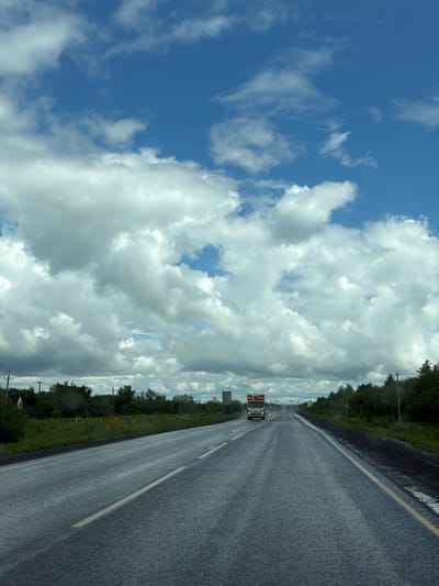 The image captures a wet, two-lane asphalt road stretching into the distance under a cloudy, blue sky. The road is lined with green foliage and trees on either side. A white truck with a red cargo box is driving on the road. Power lines and utility poles are visible along the roadside. The scene suggests a rural or semi-rural setting. The specific location in Nezhinka, Russia, is not visually identifiable from the image itself.