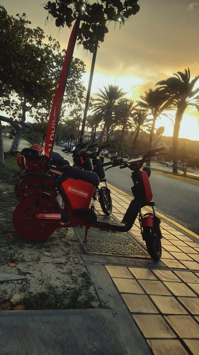 The image depicts a row of red and black electric scooters parked along a sidewalk next to a road, with palm trees and foliage in the background. The scene is set during sunset, with warm, golden light illuminating the sky and casting long shadows. The scooters are branded with "Happy Rental," indicating they are available for rent. The environment suggests a tropical or subtropical location, possibly a tourist area given the presence of rental scooters and the scenic sunset. The location is identified as Pedro González, Venezuela. No people are visible in the image.