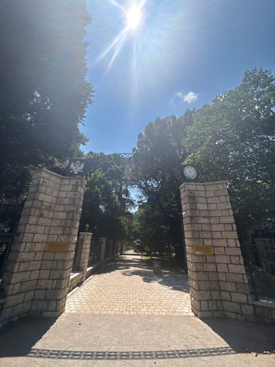 The image shows an outdoor scene of a sunlit pathway leading through an ornate entrance. The entrance is flanked by stone pillars, one of which displays a plaque with what appears to be text. Above the entrance, a wrought-iron archway is visible, adorned with a circular emblem featuring a star-like pattern. To the left of the entrance, a larger black shield with a white double-headed eagle emblem hangs from the archway.
The pathway is paved with light-colored stones and bordered by greenery. The sun is bright, casting long shadows and creating lens flare effects. The overall atmosphere suggests a pleasant, sunny day. The location is identified as Podgorica, Montenegro, hinting at a place of historical or cultural significance, potentially a monument or a governmental building. No people are visible in the frame. The time of day is likely midday, given the strong sunlight and shadows. The weather is clear and sunny.