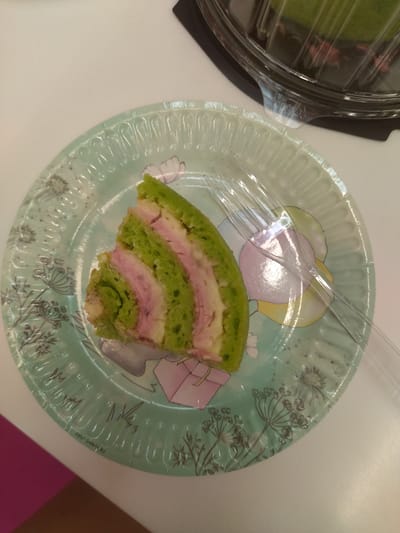 A single slice of green cake with pink and white filling rests on a light green paper plate adorned with a floral pattern. A clear plastic fork lies across the plate, partially over the cake. The plate is positioned on a white surface. In the background, a clear plastic container lid is visible, reflecting the surrounding environment. The scene is a still life, with no visible people or actions taking place. The lighting is bright, casting reflections on the plastic surfaces. The overall impression is a simple presentation of a dessert.