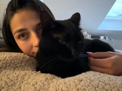 A close-up, eye-level shot shows a person and a black cat lying on a textured, beige blanket. The person's face is partially visible on the left, with dark hair framing their forehead and cheek. Their eye is open and looking towards the camera, while their mouth is slightly ajar. The black cat is positioned in the center of the frame, nestled against the person. Its eyes are partially closed, and its face is turned towards the camera. A hand, with manicured nails, is visible on the right, gently touching the cat's whiskers. The background is blurred, showing a slanted ceiling with a window and some indistinct objects on a surface. The scene appears to be indoors, suggesting a relaxed domestic setting. There is no information that allows for the identification of the city of Gabrovo, Bulgaria.