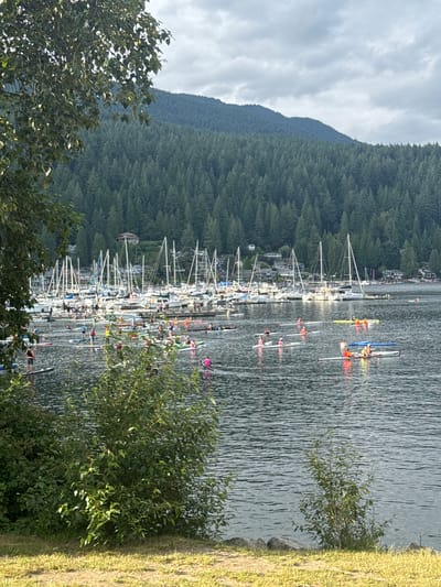 This image depicts a scenic view of the Burrard Inlet from the shoreline, likely in North Vancouver, Canada, given the characteristic mountainous backdrop covered in dense evergreen forest. In the foreground, lush green foliage and grass line the edge of a body of water. The water is dotted with numerous people engaged in various water activities, predominantly paddleboarding and kayaking. A prominent marina, filled with a multitude of sailboats, is visible in the mid-ground, extending into the inlet. Beyond the marina, residential buildings and more forested hills rise up, culminating in a cloudy sky. The overall atmosphere suggests a recreational gathering on a calm day.