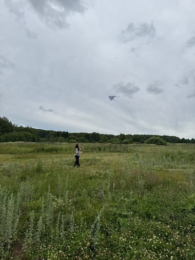 A young girl is flying a kite in a field of tall green grass and wildflowers under a cloudy sky. The girl, dressed in a dark shirt with a patterned design and dark pants, is standing in the middle of the field, looking up at the kite. The kite, a colorful triangular shape, is high in the sky to the right of the girl. In the background, there is a dense line of trees and a hint of what may be buildings peeking through the foliage. The overall scene is one of outdoor recreation on an overcast day, likely in a rural or semi-rural area of Уральское, Russia, given the natural landscape and vegetation.