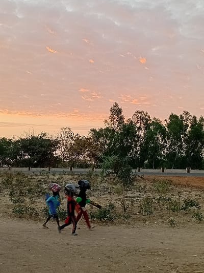 At sunset, three children are walking along a dirt path alongside a grassy area, likely a roadside. The child in the front wears a blue shirt and headscarf. The middle child wears a patterned pink shirt. The rear child wears a black shirt and helmet, carrying what appears to be a stick. The sky is filled with orange and pink tinted clouds, and trees line the horizon.