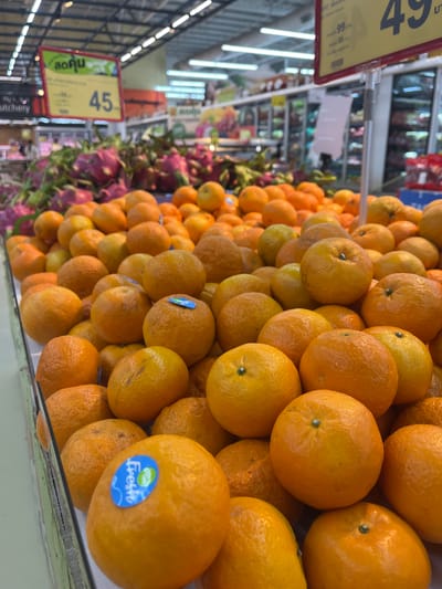 This media file captures a vibrant display of fresh fruit at a market in Nong Pa Khrang, Thailand. The primary subjects are large piles of bright orange fruits, likely mandarins or oranges, stacked in rows. Interspersed among the oranges are clusters of deep purple dragon fruits, adding a contrasting color and texture.
The setting appears to be an indoor market or grocery store, indicated by the presence of illuminated shelving units in the background, filled with various products. The lighting suggests it could be daytime. A price tag is visible on the left side of the frame, displaying the number "45" prominently, along with some Thai text. Another price tag, a yellow one, is also visible. One of the oranges in the foreground has a blue sticker with the word "Fresh" written on it, along with a stylized image.
There are no people clearly visible in the frame, emphasizing the focus on the produce. The overall impression is one of abundance and freshness, showcasing the local produce available in the region. The arrangement of the fruits suggests they are being offered for sale. The angle of the shot provides a close-up view of the fruit, highlighting their texture and color.