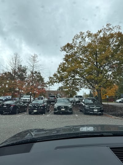This image captures a parking lot scene in Wellesley, United States, under an overcast sky with visible rain droplets on the camera's lens or windshield, indicating precipitation. The foreground features the dark grey dashboard and the lower portion of a vehicle's windshield, speckled with water.

The midground and background display a paved parking area containing numerous parked vehicles, primarily dark-colored sedans and SUVs, arranged in marked spaces. From left to right in the most prominent row, a black Nissan Maxima is parked facing away, followed by a black Mazda 3 also facing away, both displaying Massachusetts license plates. Adjacent is a grey Audi Q5 SUV facing towards the viewer, and partially visible on the far right is a black Mercedes-Benz GLC SUV, also facing the viewer, both bearing Massachusetts license plates. Additional vehicles, including a white SUV and various dark SUVs, are parked further back.

The parking lot ground is dark asphalt with visible painted lines and scattered fallen autumn leaves. Surrounding the parking area are mature trees exhibiting varied fall foliage; some trees show leaves in shades of green-brown and yellow-orange, while others have mostly bare branches. In the left background, behind a line of trees, a light-colored building with multiple windows is partially visible. No individuals are present, and all vehicles appear stationary.