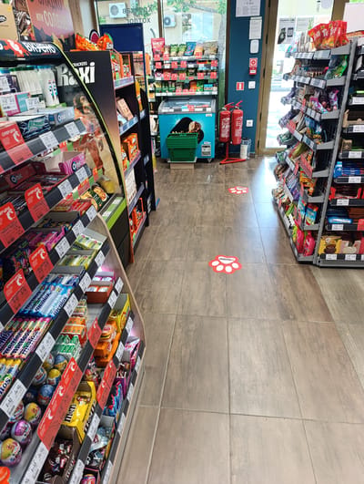 The image shows an interior view of a small convenience store or a section of a larger supermarket, likely located in Sliven, Bulgaria, given the Cyrillic text on product packaging and signage. The flooring is tiled with a neutral gray tone. In the foreground, a display rack filled with various candies and snacks is prominently featured. These include items like Orbit gum, Mentos, Kinder Surprise eggs, and M&M's, with price tags and promotional labels in Cyrillic.
Further into the store, a green shopping basket sits on a blue cooler or refrigerator unit. Next to it, two red fire extinguishers are mounted on stands. The walls appear to be painted a dark blue. Two red and white paw print decals are visible on the floor, serving as social distancing markers. Shelves in the background are stocked with more packaged food items, including crackers and other snacks. A door or entrance with large windows is visible at the rear, allowing natural light to enter. No people are directly visible in the frame. The overall scene depicts a retail environment with typical merchandise displays and safety measures in place.