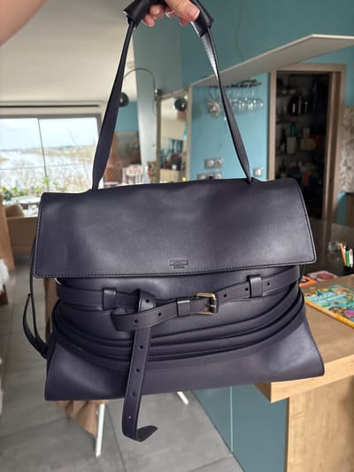 A dark blue Moschino Milano leather handbag is suspended in the foreground, held by a human hand grasping one of its top handles. The bag features a main flap closure with the brand name "MOSCHINO Milano" embossed in gold. Its body is cinched and decorated with multiple thin leather straps, one of which is secured with a gold-colored buckle, and another hangs freely.

The background depicts an indoor domestic setting. To the left, a large window or glass door provides a view of an outdoor landscape, likely distant terrain or a body of water under an overcast sky. Partially visible near the window is a light-colored upholstered furniture piece. To the right, a light blue wall with electrical outlets is visible, along with a mirror reflecting parts of the room. A doorway leads to an adjacent area with shelves stocked with bottles and other items; wine glasses hang from a rack, and a white shelf extends above the doorway. A wooden countertop is visible on the far right, displaying a colorful children's book with visible French text and a container holding writing instruments. The specific location within the city of Blois, France, cannot be determined from the visual information provided.