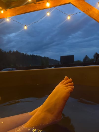 Here's a detailed description of the image:
A medium shot, rotated counter-clockwise, shows a foot and lower leg partially submerged in dark water, likely a hot tub or bath. The foot is positioned towards the upper right, with the toes pointing upwards. The skin appears slightly wet and reflective.
The edge of the hot tub, a dark, solid material, runs diagonally across the image, separating the water from the background. Beyond the edge is a blurred outdoor scene at dusk. Tall, dark trees line the horizon under a cloudy, blue-grey sky. A structure resembling a small building is visible among the trees.
To the left of the frame is a wooden structure with string lights hanging from it. The warm glow of the lights contrasts with the cool tones of the sky.
Given the availability of only an obscure location ("Гудагайскі сельскі Савет, Belarus"), it is impossible to independently verify if this is the location or if it is even in Belarus.