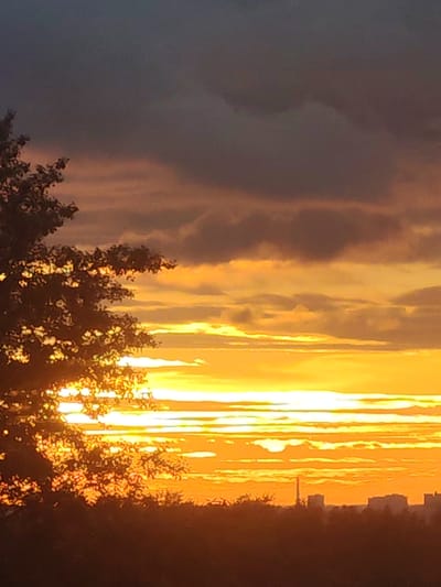 The image depicts a sunset in Podolsk, Russia. The sky is filled with horizontal layers of clouds, ranging from dark gray at the top to bright orange and yellow closer to the horizon. A silhouette of a tree branch is visible on the left side of the frame. In the distance, the faint outline of buildings and a tall chimney suggest an urban setting. The light from the setting sun shines through the tree, creating a bright glow.