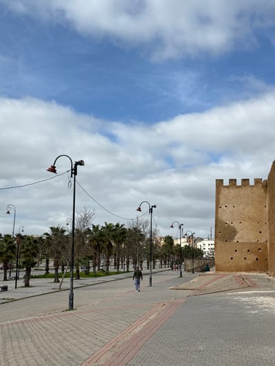 The image depicts a wide, paved thoroughfare in Mechouar Fes Jdid, Morocco, under a partially cloudy sky with visible blue patches. In the foreground, a dark-haired male subject, dressed in a plaid shirt and light-colored trousers, walks away from the viewer on a patterned gray paver sidewalk with reddish-brown paver borders. To the right, a tall, tan-colored fortified wall with crenellated battlements and rectangular indentations dominates the frame. An inclined, paved ramp section with reddish-brown paver strips abuts the wall.
Parallel to the paved path on the left, numerous streetlights with curved black metal poles, each featuring a downward-facing red-orange bell-shaped fixture and an outward-facing floodlight, line the route. Bare deciduous trees and mature palm trees with green fronds are visible beyond the streetlights, bordering a grassy area or park. In the mid-ground distance on the left, a small group of indistinct figures is visible near the trees. Near the base of the wall's ramp on the right, an individual is seated or resting, partially obscured. Buildings are visible in the far distance under the skyline. Electrical wires are strung between several of the streetlight poles.