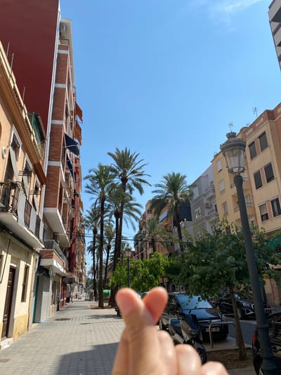 The image captures a street scene in Valencia, Spain. On the left side of the frame, a multi-story building with a red facade is visible, with balconies and awnings on its brick-colored upper floors. Adjacent to it is another building with a beige facade. A paved sidewalk runs along these buildings, leading into the distance. Palm trees and other trees line the street, casting shadows on the sidewalk. Several parked cars and a scooter are visible on the right side of the street. A vintage-style street lamp stands prominently on the right. The sky is clear blue. In the foreground, a person's hand is making a heart shape with their fingers.