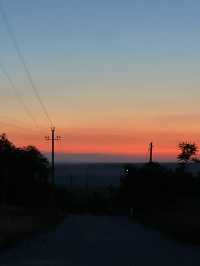 The image depicts a serene sunset scene in Cairaclia, Moldova. The sky is a gradient of soft blues and oranges, transitioning into a vibrant red hue near the horizon. Silhouetted against this colorful sky are utility poles with power lines crisscrossing the frame, characteristic of rural landscapes. Dense, dark foliage frames the bottom of the image, with trees and bushes creating a natural border. A dark, unpaved road or path leads into the foreground, suggesting a rural or semi-rural setting. In the distance, a faint line of mountains or hills is visible under the colorful sky, adding depth to the landscape. The overall impression is one of peaceful twilight in a quiet Moldovan locale.