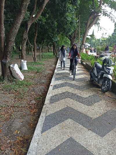 This image captures an outdoor scene in what appears to be a park or green recreational area, likely in Mataram, Indonesia. The dominant feature is a patterned pathway, paved with light and dark gray stones arranged in a distinct chevron or zigzag design.
On the pathway, two women are visible. The woman in the foreground is riding a black bicycle, dressed in a black top, pants, and a black hijab. She is looking forward, focused on her ride. Behind her, another woman walks, wearing a light gray top, dark pants, and a dark hijab. Both appear to be enjoying their time in the park. In the background, further along the pathway, another person can be seen seated.
To the right of the pathway, a white and black scooter is parked on the textured surface. The scooter's license plate has some visible text, including letters and numbers like "NTB" and potentially "999 FE" or similar.
On the left side of the pathway, there's an unpaved area covered with dry leaves and sparse green vegetation. Several large tree trunks with rough bark line this side, casting some shade. Two white sacks, possibly containing gardening waste or materials, are resting near the base of one of the trees. The background shows more dense green foliage and trees, indicating a lush environment. The lighting suggests it is daytime, possibly morning or late afternoon, with soft, natural light illuminating the scene. The overall atmosphere seems calm and leisurely.