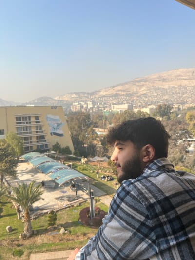An elevated view captures a young male in the foreground, situated on an unseen structure, likely a balcony, within Al-Qanawat Municipality, Syria. The male, positioned in the lower right, is depicted in profile, facing towards the right side of the frame. He has dark hair and a beard, and wears a blue and white plaid shirt. Direct sunlight illuminates the left side of his face.

In the midground, a multi-story yellow building with multiple windows and a large blue and white mural on its facade is visible on the left. Below this building and extending horizontally across the midground is a landscaped area featuring green grass, trees including a palm tree, and bushes. A long, light blue-roofed structure covers a section of this ground, and several small figures are discernible in the distance within the landscaped zone.

The background consists of a sprawling cityscape with numerous buildings, set against a backdrop of arid, light brown mountains under a clear blue sky. The scene is brightly lit by sunlight.