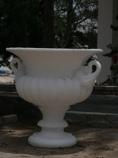 A white, ornate urn with decorative handles stands on a sandy surface, possibly in Lâm Viên Park, Đà Lạt, Vietnam. The urn features a wide, shallow bowl and a fluted lower body, supported by a pedestal. In the background, trees with dense foliage create a dark, natural setting, contrasted by a sliver of white structure on the right, potentially a building or a wall. The ground is uneven, with patches of sand and dirt. The overall scene suggests an outdoor decorative element in a park or garden environment.