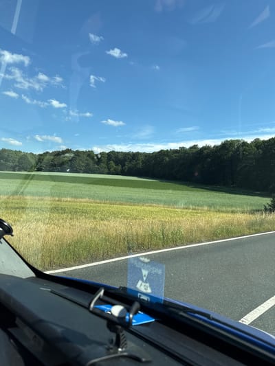 The image depicts a roadside scene in Niederwetz, Germany, viewed from within a vehicle. The orientation of the image is rotated 90 degrees counter-clockwise. In the foreground, the dark blue interior of a vehicle is visible, including parts of the dashboard and a black mount attached to the windshield. A reflective blue sticker with white symbols is affixed to the windshield.
Beyond the vehicle, a paved road with a white dividing line runs alongside a green field. The field is mostly covered in grass, with some areas appearing drier and more yellowed. A dense line of dark green trees forms the backdrop to the field, suggesting a wooded area bordering the open space. The sky above is a vibrant blue with scattered white, wispy clouds, indicating clear weather.
The lighting suggests it is daytime, likely late morning or afternoon, due to the bright sunlight illuminating the scene. The presence of the road and the field implies a rural or semi-rural setting. No people are visible in the image. The overall impression is one of a scenic drive through the German countryside on a pleasant day.
