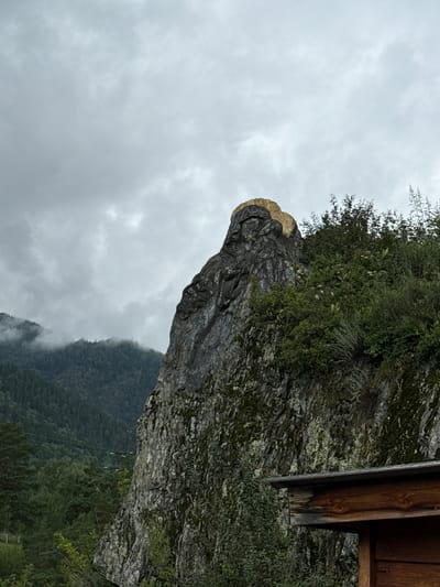 The image shows a rock formation resembling a human profile, known as the "Stone Face of Chemal," located in Chemal, Russia. The rock is dark gray and rugged, with patches of moss and vegetation clinging to its surface. At the very top of the rock formation is a lighter, golden-colored section that forms the "forehead" or "headdress" of the profile. The rock is surrounded by dense green foliage and trees. In the background, there are misty mountains covered in dark green coniferous forests. The sky is overcast and cloudy. In the foreground, a section of a wooden structure with a dark metal roof is visible on the right side of the image, suggesting a man-made element near the natural landmark. There are no people visible in the image.
