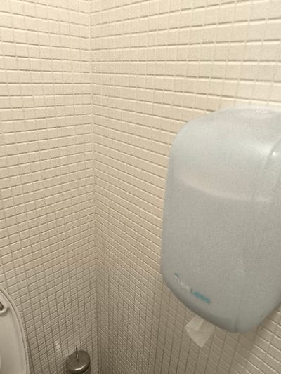 The image presents a static interior view of a clean restroom corner in Palaio Faliro, Greece. The walls are uniformly covered with small, rectangular, light beige or off-white tiles arranged in a grid pattern, creating a textured surface.

A white or light gray wall-mounted hand dryer dominates the right side of the frame. A small, crumpled piece of white paper or tissue hangs from the dispenser slot at its bottom. Near the lower central part of the hand dryer, light blue or teal text reads "Tube Less", accompanied by a subtle, wave-like or abstract logo positioned above the "L" of "Less". The hand dryer's surface has a slight sheen or fine texture.

In the bottom-left corner, a portion of a light-colored toilet lid is visible. Situated on the floor next to the toilet is a metallic, cylindrical toilet brush holder. The lighting throughout the space is even and bright, suggesting indoor artificial illumination. No individuals are present, and no activity is depicted, making it a straightforward architectural or facility shot. The restroom appears well-maintained and utilitarian.