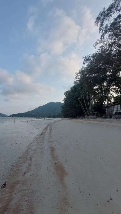 The image shows a beach scene in Koh Tao, Thailand. A sandy beach occupies the right half of the image, with darker sand indicating wetness near the water's edge. A line of trees and buildings sits along the beach. A mountain covered in vegetation rises in the background. The sky takes up the left side of the image, displaying a mix of blue sky and white clouds.