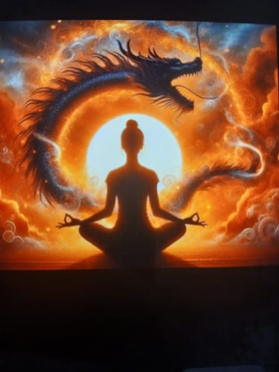 The image depicts a silhouette of a woman in a yoga pose against a bright, circular light, positioned in front of an illustration of a dragon coiled around her. The overall color scheme is warm, with orange and yellow hues dominating the background, suggesting fire or a sunset. The dragon's head is visible on the left side of the circle, and its tail curves around the top and right side. White, swirling cloud-like patterns surround the dragon and the woman. The details suggest an artistic representation rather than a real-life scene. There is no evidence in the image to suggest it is in Bengaluru, India, or any other specific location.